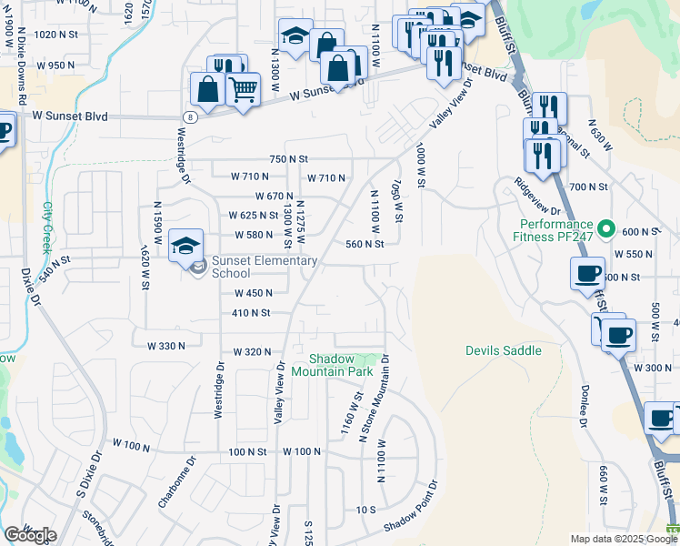 map of restaurants, bars, coffee shops, grocery stores, and more near 1170 West 540 North in St. George