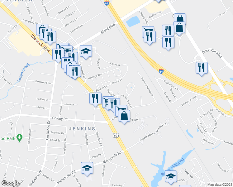 map of restaurants, bars, coffee shops, grocery stores, and more near 407 Savage Drive in Newport News