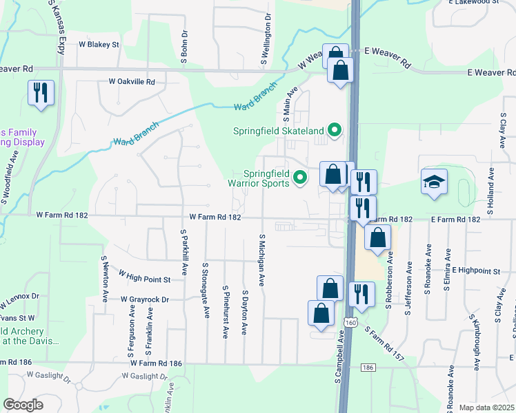 map of restaurants, bars, coffee shops, grocery stores, and more near 851 West Farm Road 182 in Springfield
