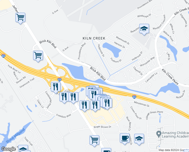 map of restaurants, bars, coffee shops, grocery stores, and more near 742 Brookside Drive in Newport News