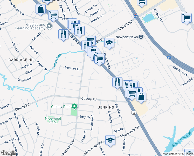 map of restaurants, bars, coffee shops, grocery stores, and more near 146 Alexander Drive in Newport News
