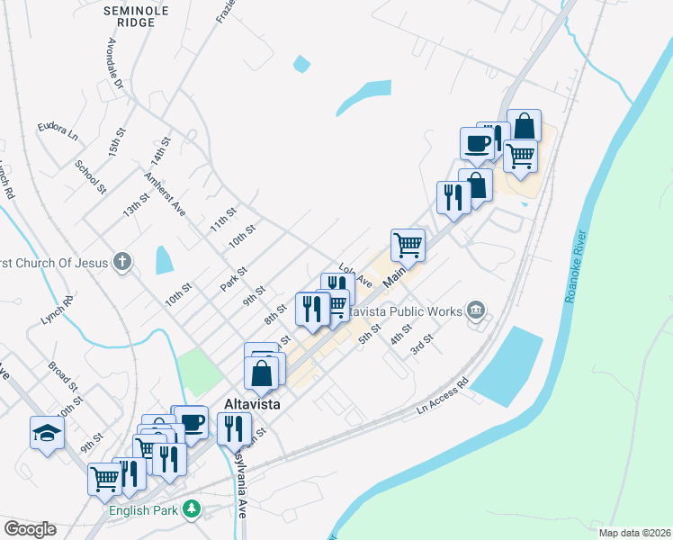 map of restaurants, bars, coffee shops, grocery stores, and more near 1131-1155 8th St in Altavista