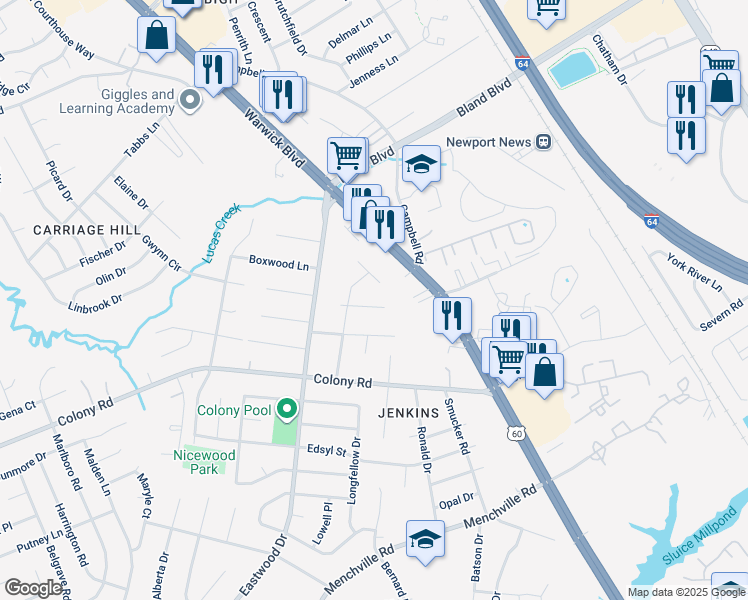 map of restaurants, bars, coffee shops, grocery stores, and more near 146 Alexander Drive in Newport News