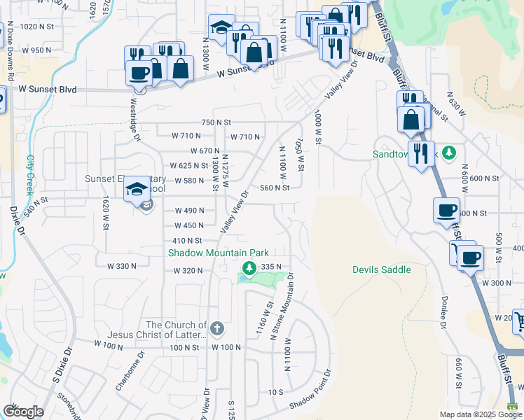 map of restaurants, bars, coffee shops, grocery stores, and more near 1163 West 540 North in St. George