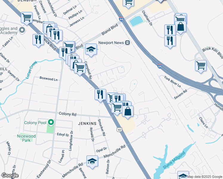 map of restaurants, bars, coffee shops, grocery stores, and more near 402 Savage Drive in Newport News