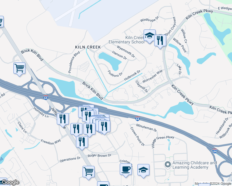 map of restaurants, bars, coffee shops, grocery stores, and more near 652 Windbrook Circle in Newport News