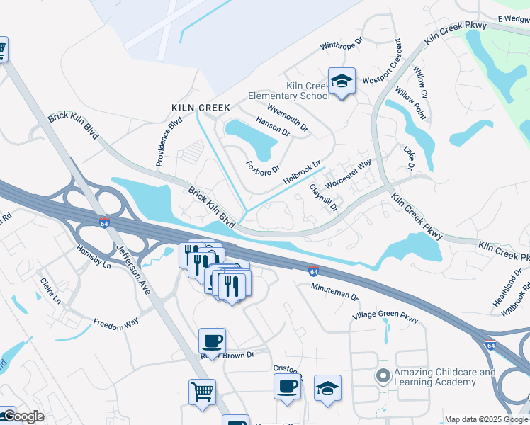 map of restaurants, bars, coffee shops, grocery stores, and more near 652 Windbrook Circle in Newport News