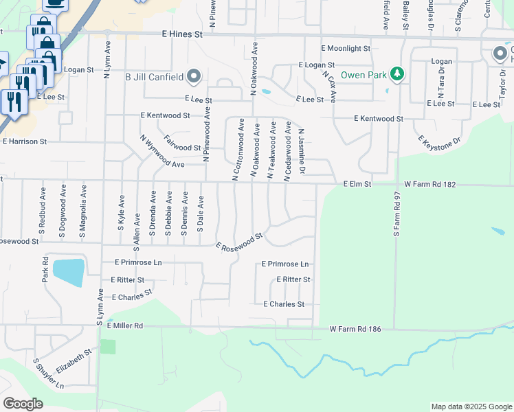 map of restaurants, bars, coffee shops, grocery stores, and more near 105-107 South Oakwood Avenue in Republic