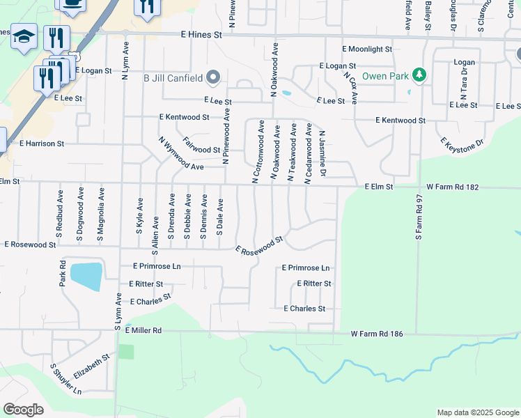 map of restaurants, bars, coffee shops, grocery stores, and more near 105-107 South Oakwood Avenue in Republic