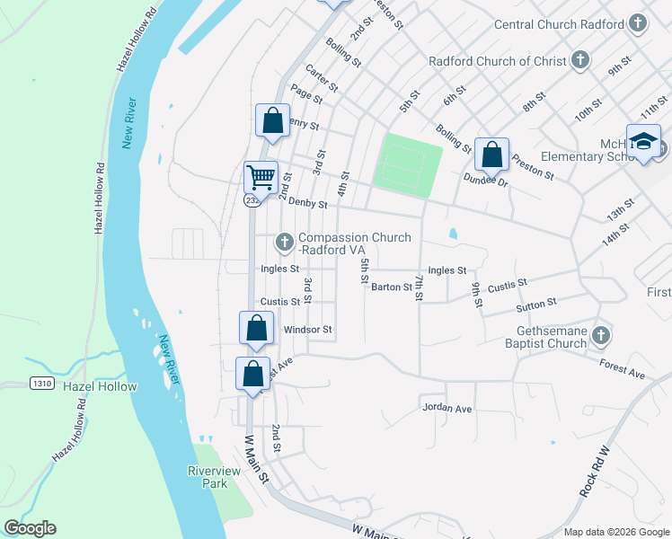 map of restaurants, bars, coffee shops, grocery stores, and more near 1900 4th Street in Radford