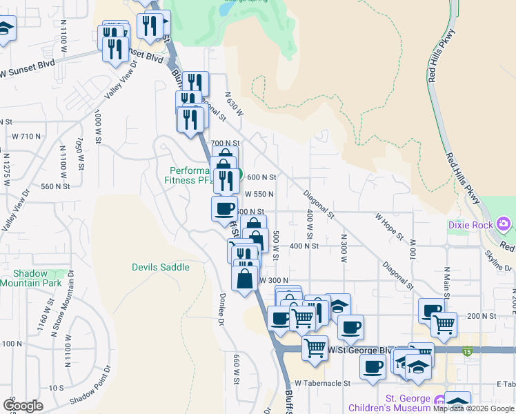 map of restaurants, bars, coffee shops, grocery stores, and more near 554 West 500 North in St. George