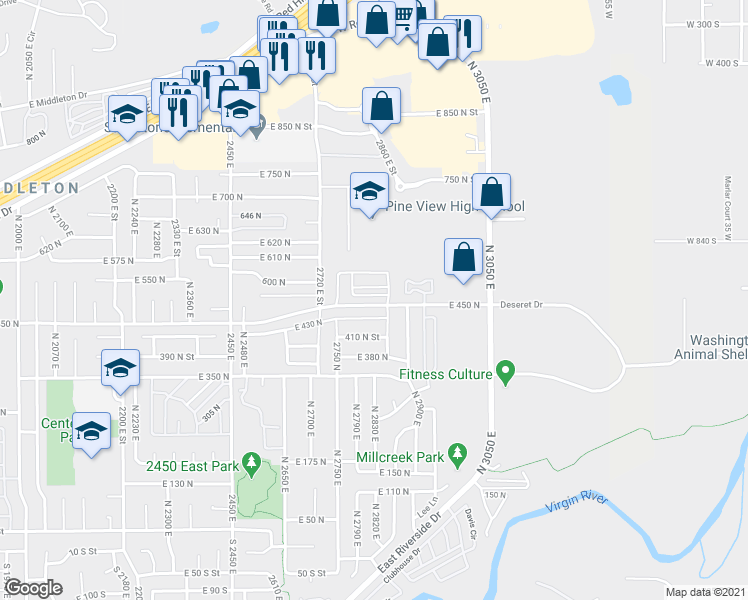 map of restaurants, bars, coffee shops, grocery stores, and more near 18 East 450 North in St. George