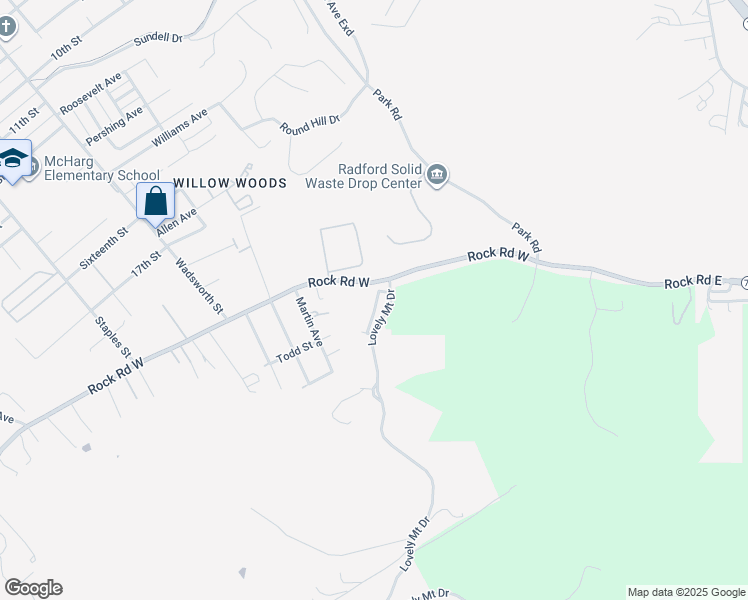 map of restaurants, bars, coffee shops, grocery stores, and more near 105 Lovely Mount Drive in Radford