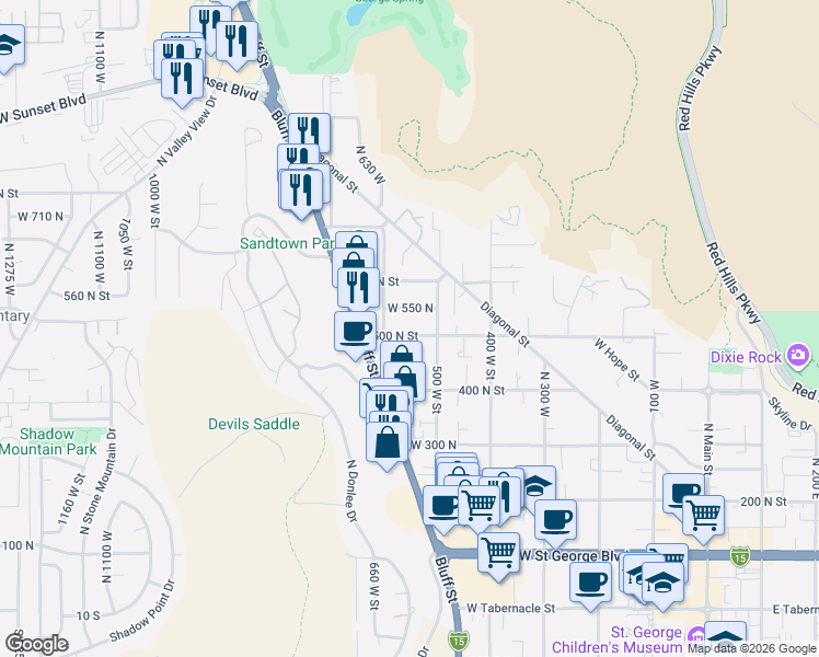 map of restaurants, bars, coffee shops, grocery stores, and more near 554 West 500 North in St. George