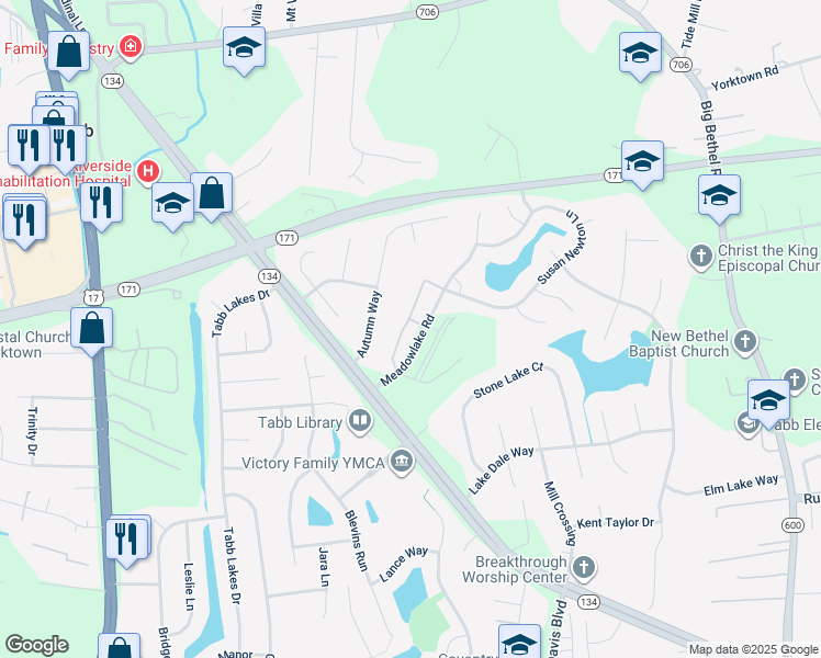 map of restaurants, bars, coffee shops, grocery stores, and more near 106 Heather Way in Yorktown