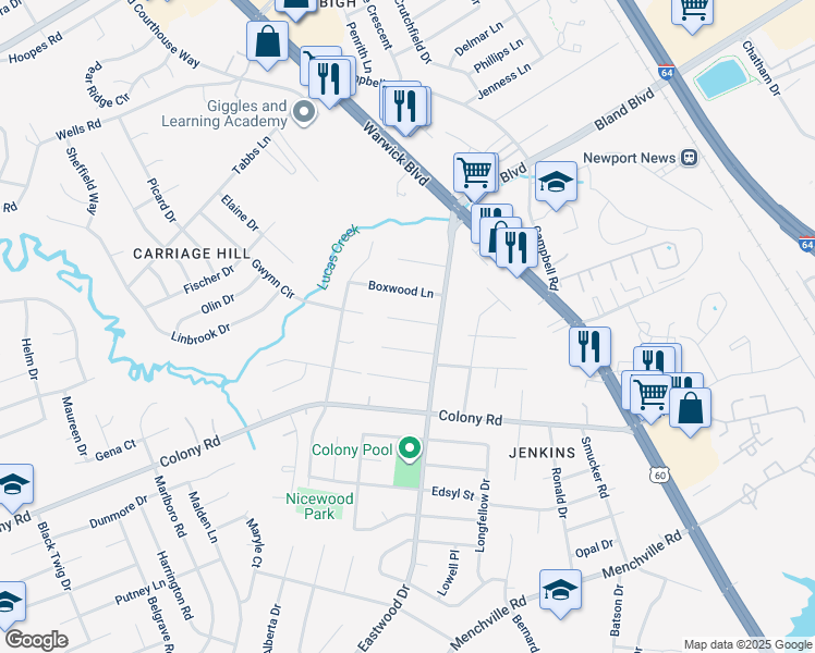 map of restaurants, bars, coffee shops, grocery stores, and more near 9 Rosewood Lane in Newport News
