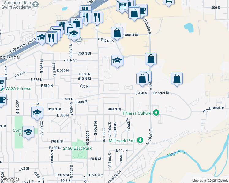 map of restaurants, bars, coffee shops, grocery stores, and more near 18 East 450 North in St. George