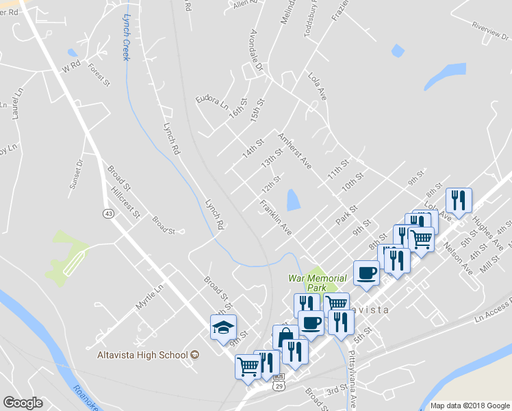 map of restaurants, bars, coffee shops, grocery stores, and more near 707 12th Street in Altavista