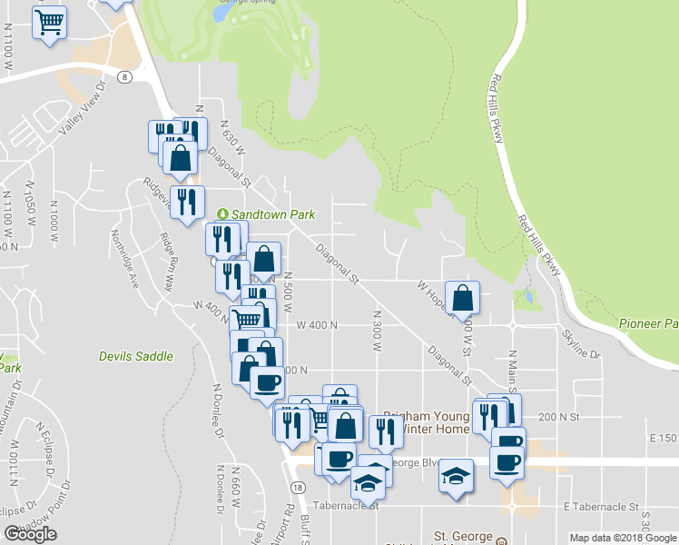 map of restaurants, bars, coffee shops, grocery stores, and more near 510 North 400 West in St. George