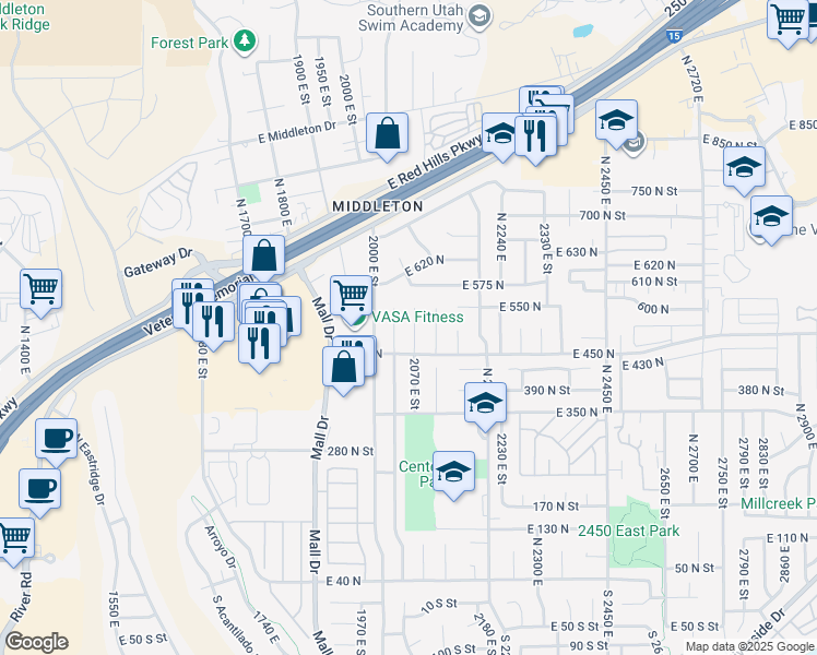 map of restaurants, bars, coffee shops, grocery stores, and more near 499 North 2070 East in St. George