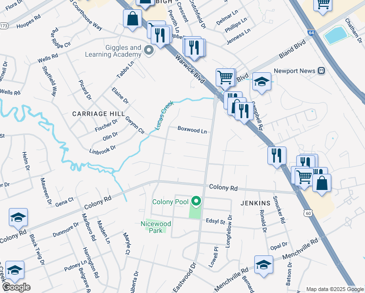 map of restaurants, bars, coffee shops, grocery stores, and more near 14 Rosewood Lane in Newport News