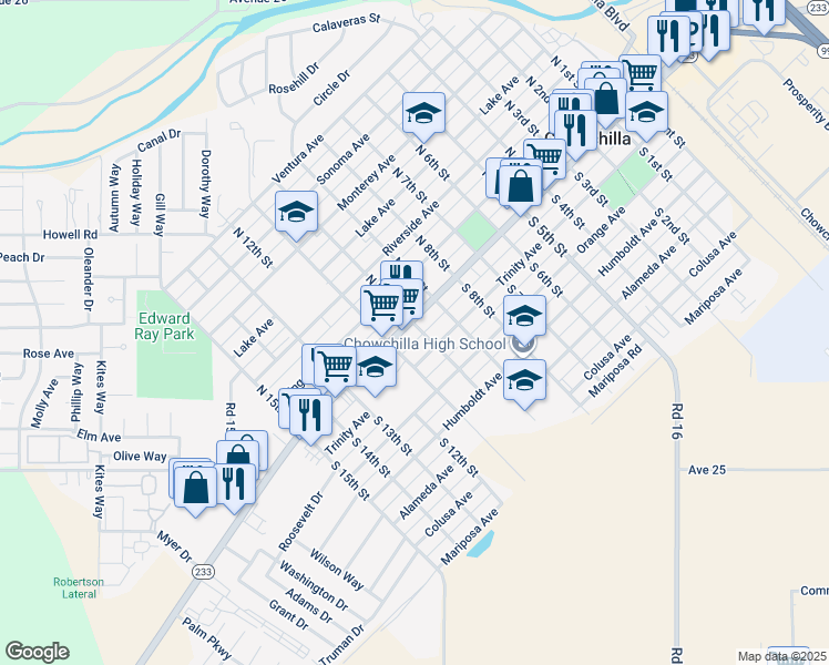 map of restaurants, bars, coffee shops, grocery stores, and more near 1005 Robertson Boulevard in Chowchilla