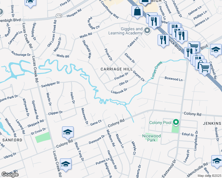 map of restaurants, bars, coffee shops, grocery stores, and more near 140 Linbrook Drive in Newport News
