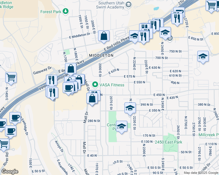 map of restaurants, bars, coffee shops, grocery stores, and more near 499 North 2070 East in St. George