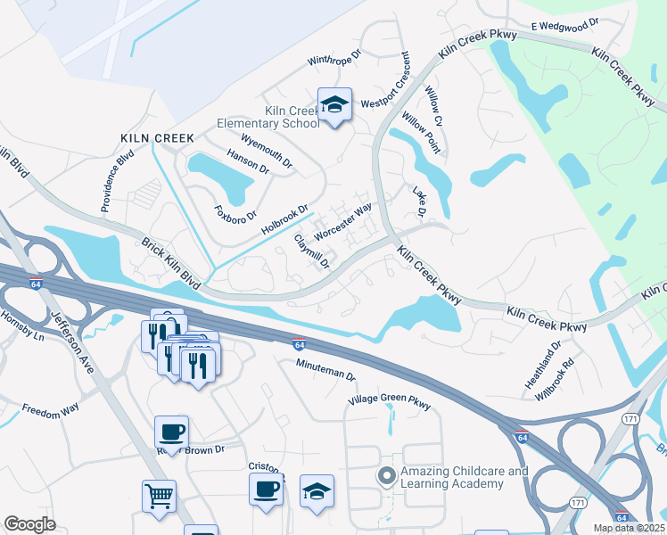 map of restaurants, bars, coffee shops, grocery stores, and more near 2232 New Kent Court in Newport News