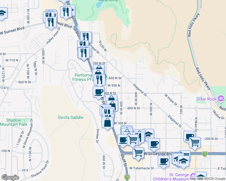 map of restaurants, bars, coffee shops, grocery stores, and more near 554 West 500 North in St. George