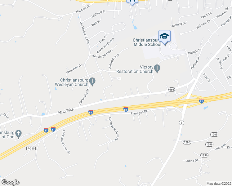 map of restaurants, bars, coffee shops, grocery stores, and more near 1610 Mud Pike in Christiansburg