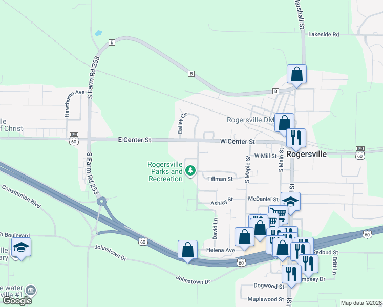 map of restaurants, bars, coffee shops, grocery stores, and more near 305 West Center Street in Rogersville