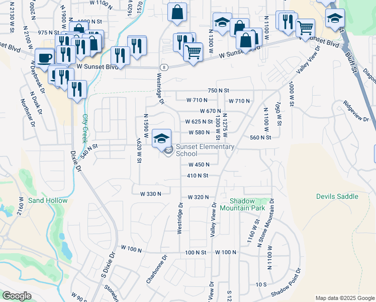 map of restaurants, bars, coffee shops, grocery stores, and more near 1422 West 490 North in St. George