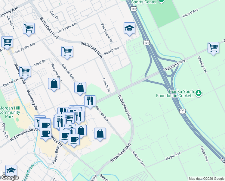 map of restaurants, bars, coffee shops, grocery stores, and more near 16020 Caputo Drive in Morgan Hill