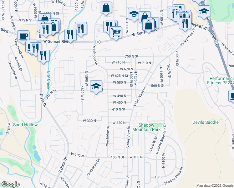 map of restaurants, bars, coffee shops, grocery stores, and more near 1386 West 490 North in St. George