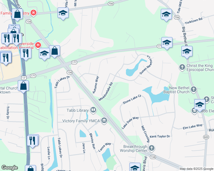 map of restaurants, bars, coffee shops, grocery stores, and more near 106 Heather Way in Yorktown
