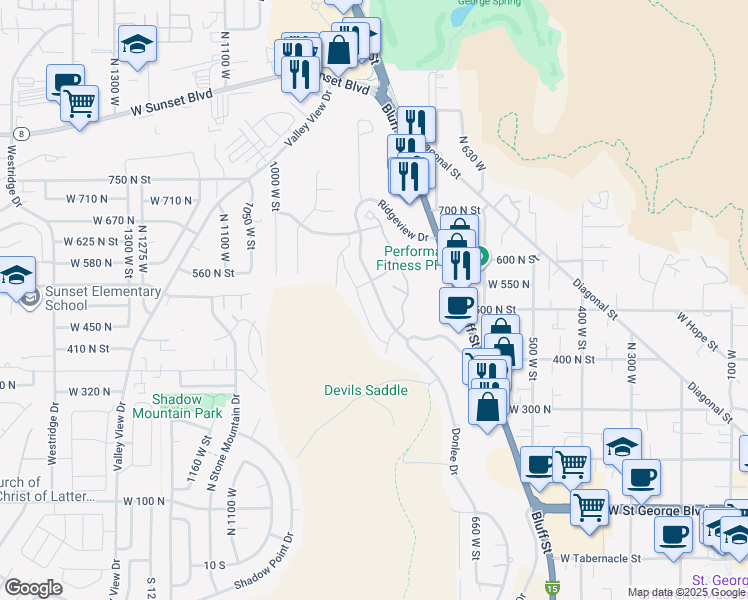 map of restaurants, bars, coffee shops, grocery stores, and more near 517 Ridgeview Drive in St. George
