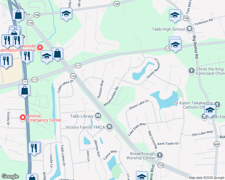 map of restaurants, bars, coffee shops, grocery stores, and more near 106 Heather Way in Yorktown