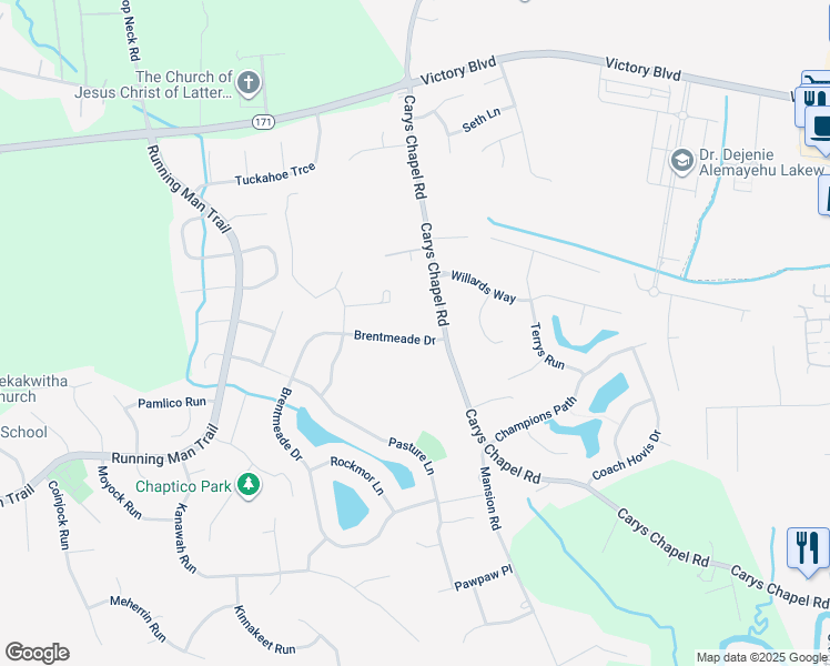 map of restaurants, bars, coffee shops, grocery stores, and more near 106 Brentmeade Drive in Yorktown