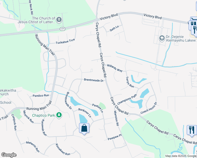 map of restaurants, bars, coffee shops, grocery stores, and more near 106 Brentmeade Drive in Yorktown