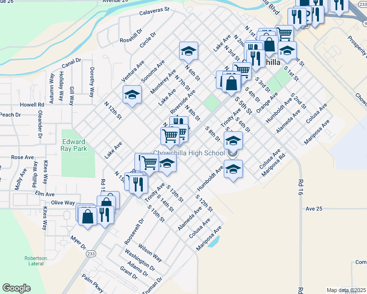 map of restaurants, bars, coffee shops, grocery stores, and more near 1005 Robertson Boulevard in Chowchilla