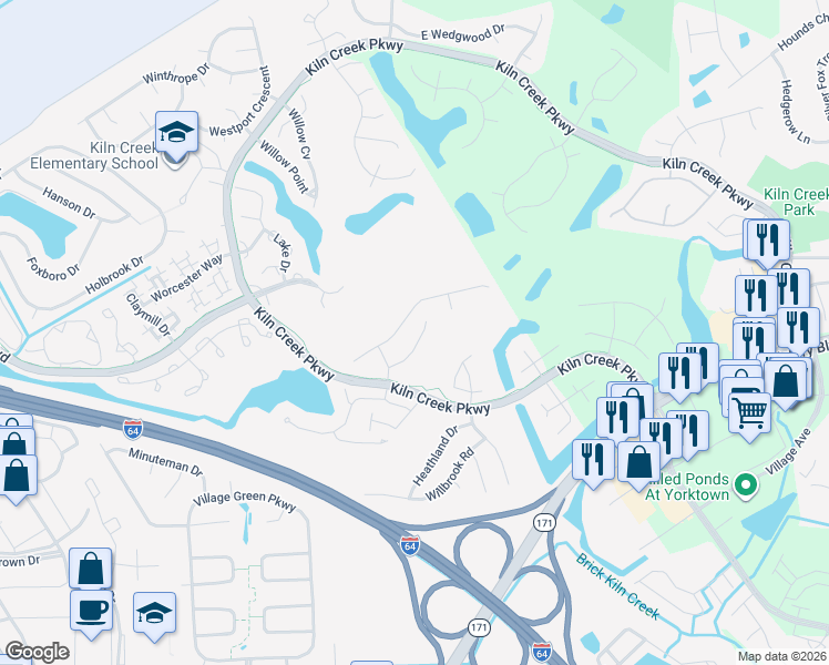 map of restaurants, bars, coffee shops, grocery stores, and more near 952 Drivers Lane in Newport News