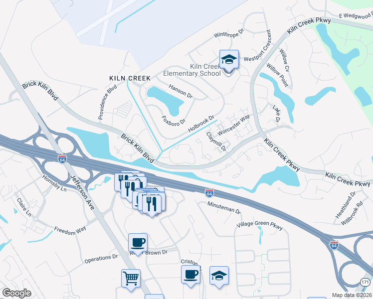 map of restaurants, bars, coffee shops, grocery stores, and more near 703 Windbrook Circle in Newport News
