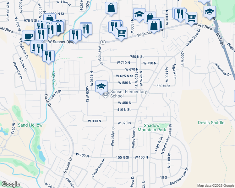 map of restaurants, bars, coffee shops, grocery stores, and more near 1422 West 490 North in St. George