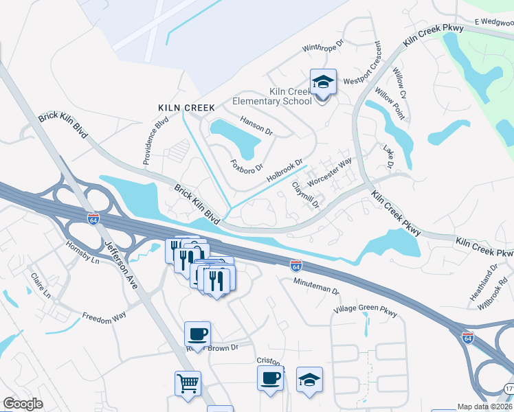 map of restaurants, bars, coffee shops, grocery stores, and more near 682 Windbrook Circle in Newport News
