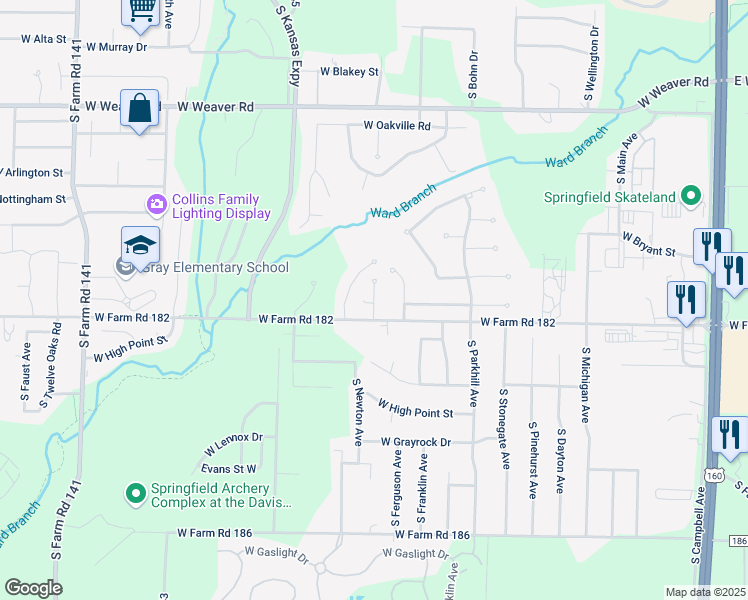 map of restaurants, bars, coffee shops, grocery stores, and more near South Fort Avenue in Springfield