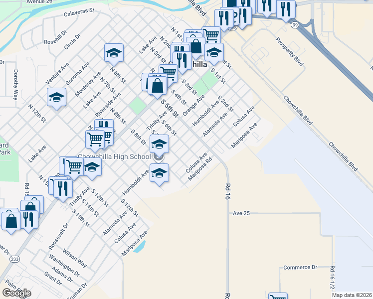 map of restaurants, bars, coffee shops, grocery stores, and more near 605 Humboldt Avenue in Chowchilla