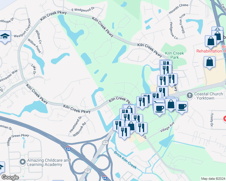 map of restaurants, bars, coffee shops, grocery stores, and more near 308 Barrington Lane in Yorktown