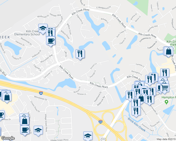 map of restaurants, bars, coffee shops, grocery stores, and more near 931 Drivers Lane in Newport News
