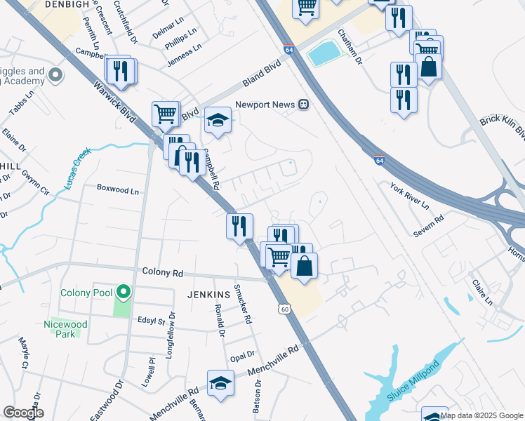 map of restaurants, bars, coffee shops, grocery stores, and more near 400 Savage Drive in Newport News